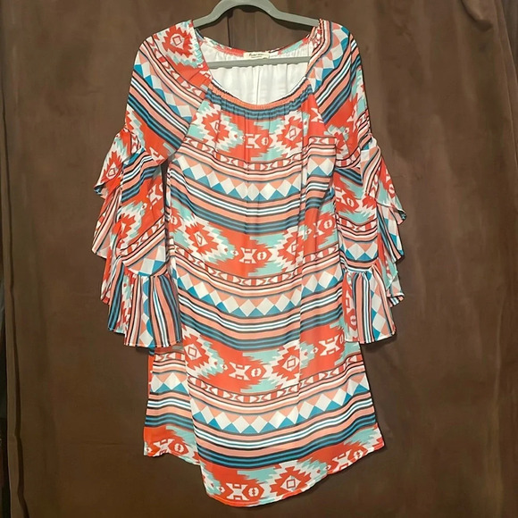 Rachel Kate Tops - Navajo Print Shirt Womens Top orange teal white black size medium Ruffle sleeves